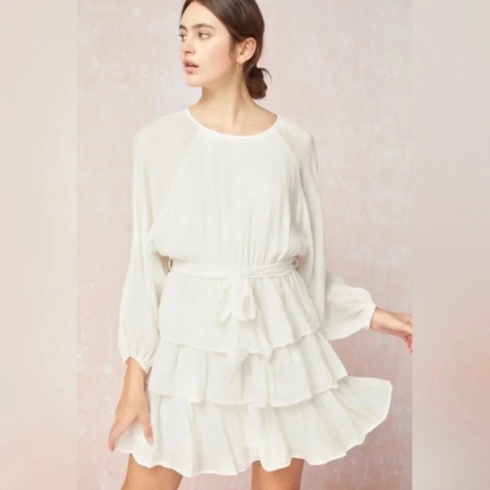Entro | Elizabeth Tiered Puff Bubble Sleeve Dress White Layered Bohemian Small - Picture 7 of 12